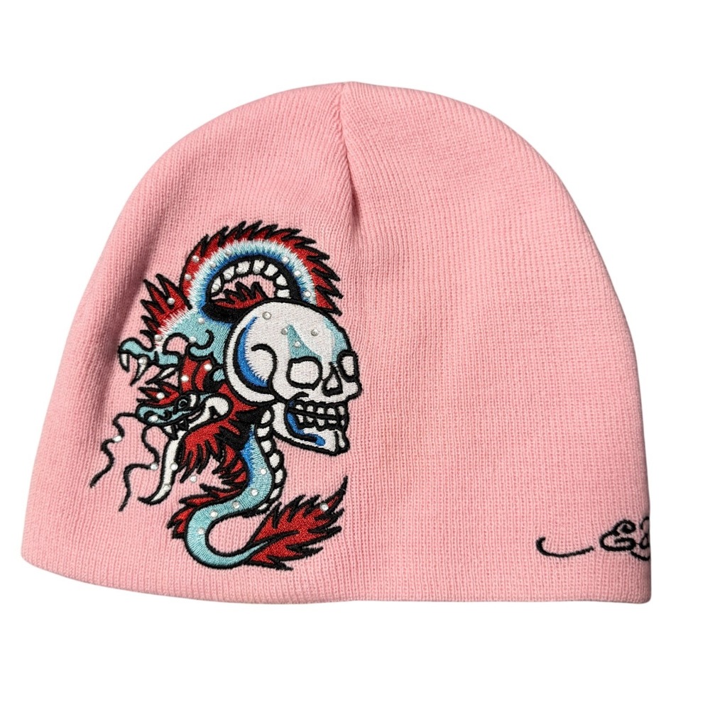 Ed Hardy Beanie Hat Womens OS Pink Skull Dragon Rhinestone Embroidered Tattoo